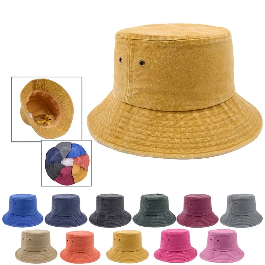 Washed Cotton Bucket Hat Retro Solid Color Wide Brim Sun Protection Outdoor Travel Hat With Metal Eyelets For Men Women