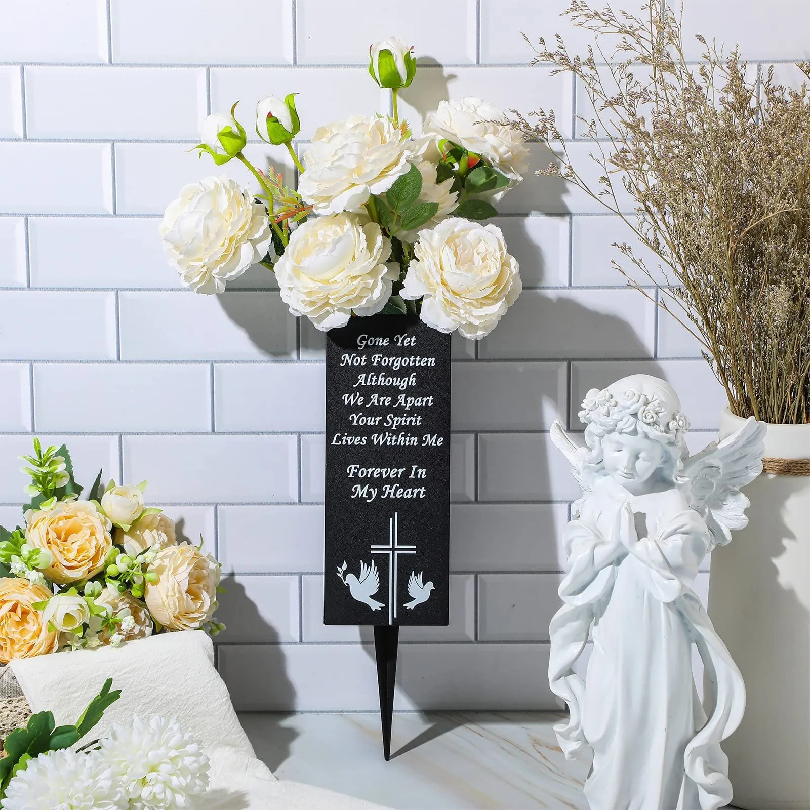 Memorial Cemetery Vase Metal Grave Stake Ground Spike With Cross Dove Pattern For Funeral Decor