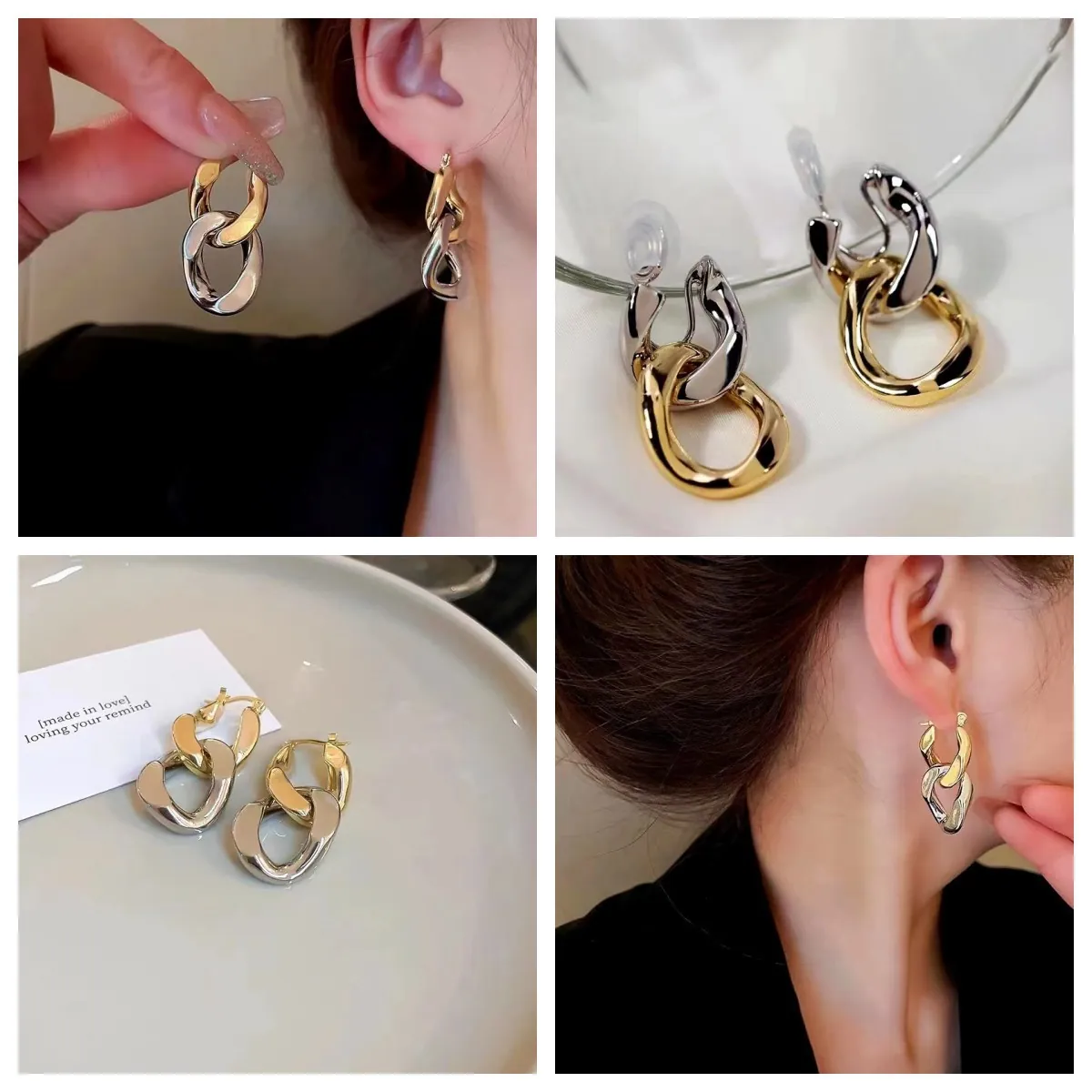 Chain Linked Earrings Alloy With 925 Sterling Silver Earring Post Two-Tone Geometric Minimalist Jewelry For Women