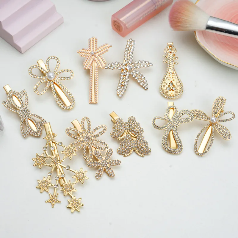 Elegant Alloy Rhinestone Artificial Pearl Hair Clips Flower Butterfly Star Shape Fashion Shiny Side Bangs Barrettes For Women Girls