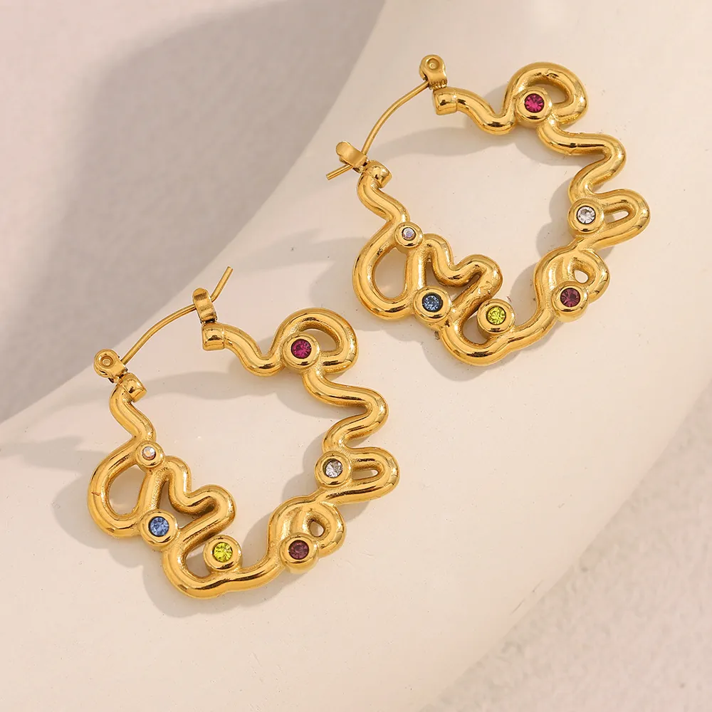 Irregular Wave Hoop Earrings Stainless Steel 18K Gold Plated Colorful Zircon Twisted Earrings For Women