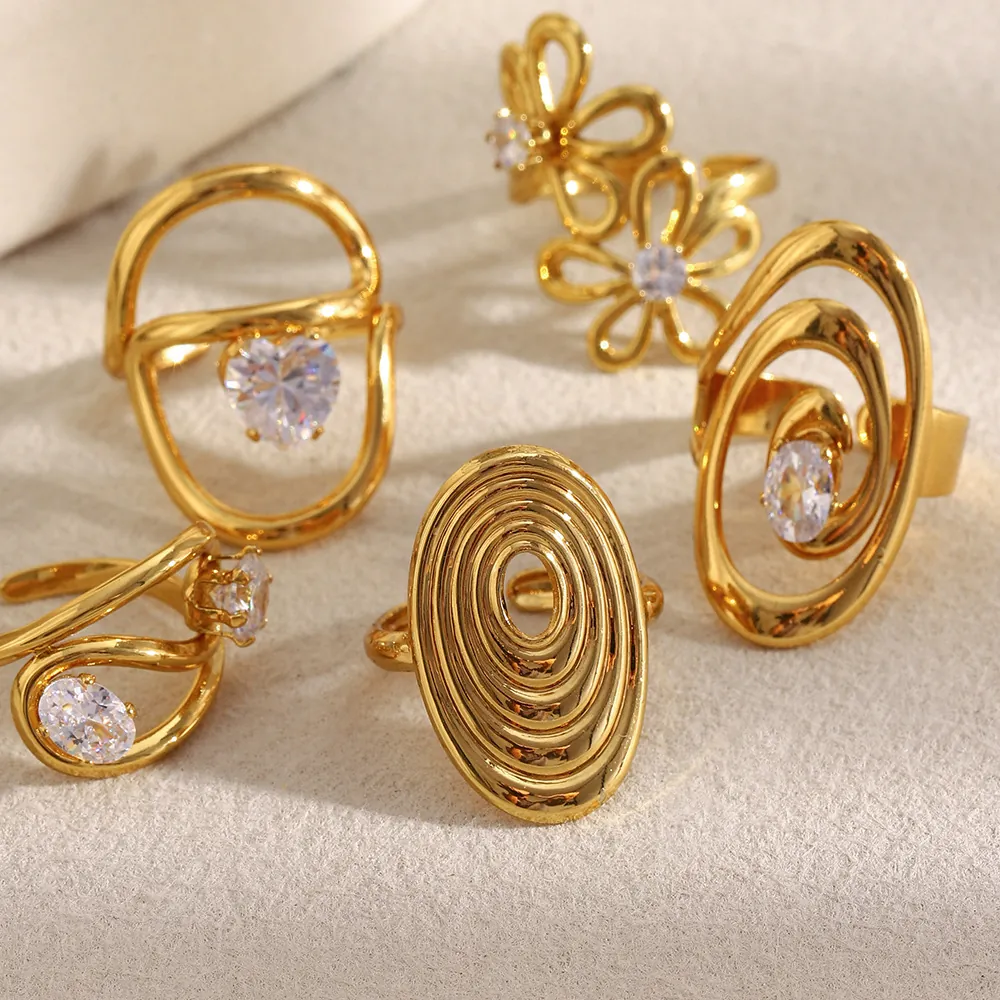 Bague Ouverte Réglable À La Mode En Acier Inoxydable Plqué Or 18K Avec Zircon Fleur Cœur Design Géométrique Bijoux Femmes