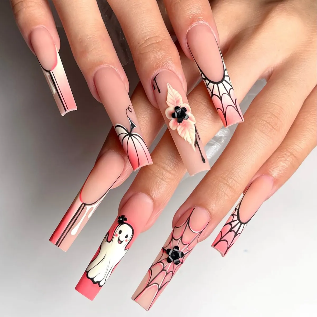 Halloween Press On Nails Extra Long Coffin Pink Gradient 3D Flower Ghost Spider Web Artificial Fake Nails For Women