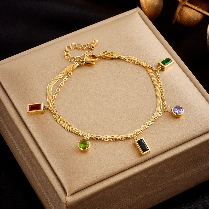 Double Layer Stainless Steel Bracelet For Women 18K Gold Plated Multicolor Zircon Gemstone Pendants Snake Chain Jewelry