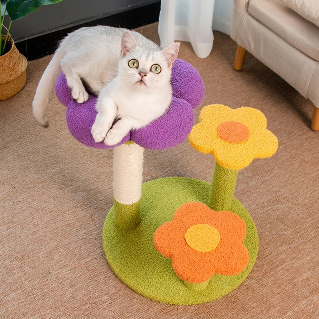 Flower Cat Tree Multi Level Cat Climbing Frame With Sisal Scratching Post Teddy Velvet Plush Platforms For Indoor Cats Interactive Toy Ball