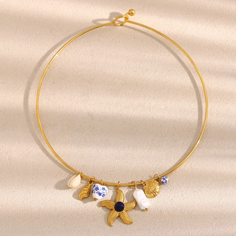 Starfish Shell Heart Ceramic Bead Necklace 18K Gold Plated Stainless Steel Marine Nautical Theme Choker For Women