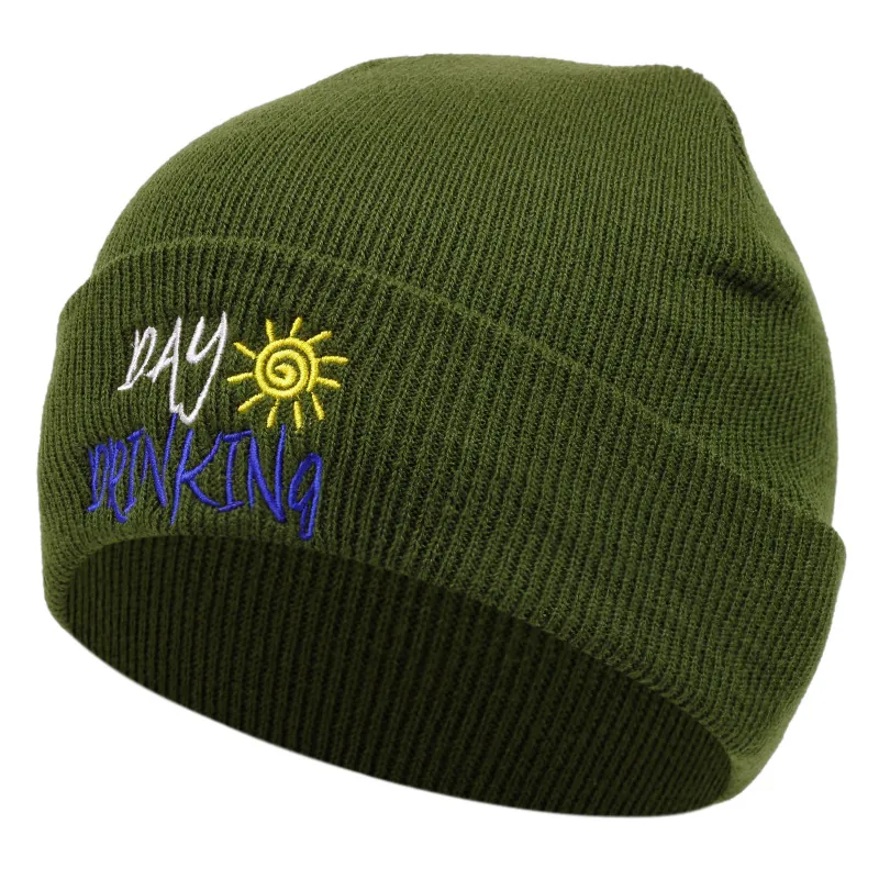 Knit Beanie Hat Acrylic Warm Winter Letter Sun Embroidery Cuffed Ribbed Casual Unisex