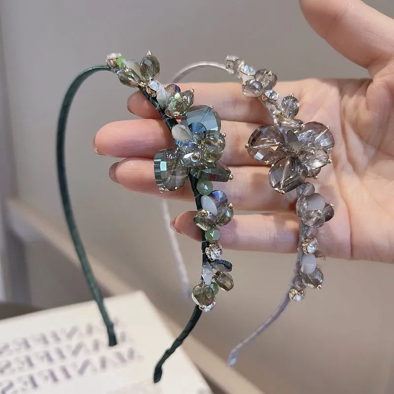 Women Crystal Rhinestone Headband Hand Threaded Artificial Crystal Glass Beads Hair Hoop Floral Style Elegant Accessory