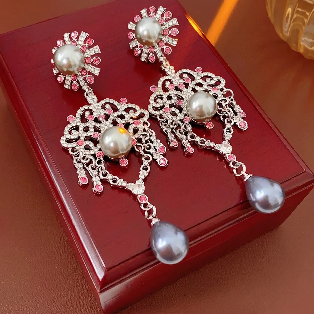 Boucles D'oreilles Pendantes Baroques Vintage Avec Tige En Argent Alliage Strass Künstliche Perle D'imitation Goutte D'eau