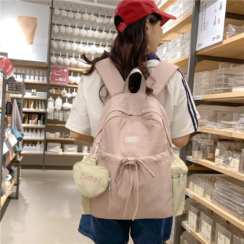 Korean Style Waterproof Nylon Backpack Color Block Design Heart Pendant Multi Pocket School Campus Casual For Women Girls Trendy