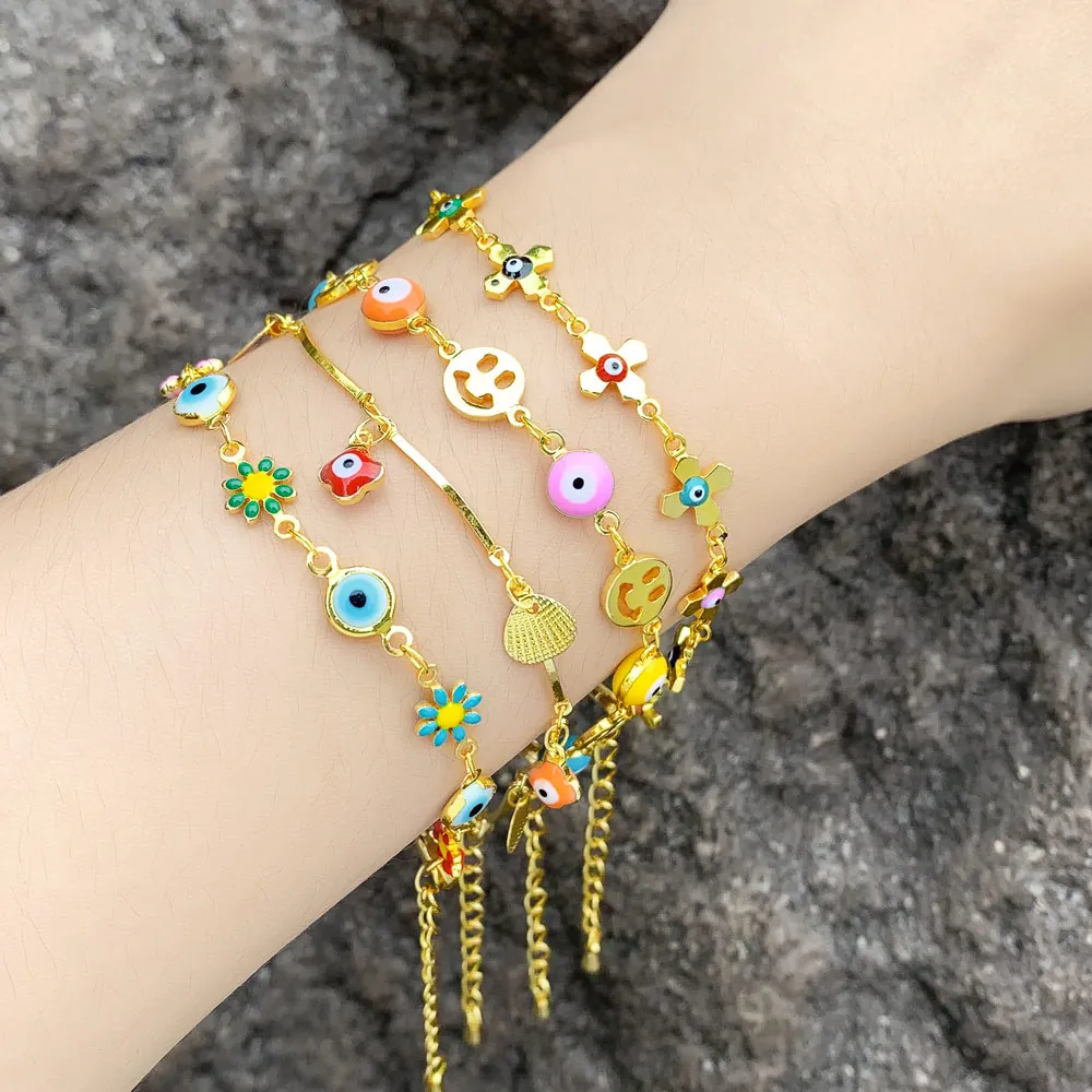 Bohemian Evil Eye Flower Bracelet Copper 18K Gold Plated Enamel Charm Jewelry For Women Retro Elegant Fashion Accessory