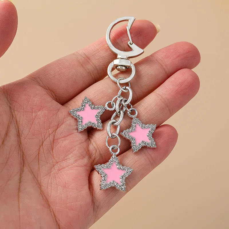 Exquisite Pink Enamel Star Moon Keychain Zinc Alloy Rhinestone Pendants Keychain Creative Backpack Hanging Ornaments Personalized Jewelry For Women Girls Gift