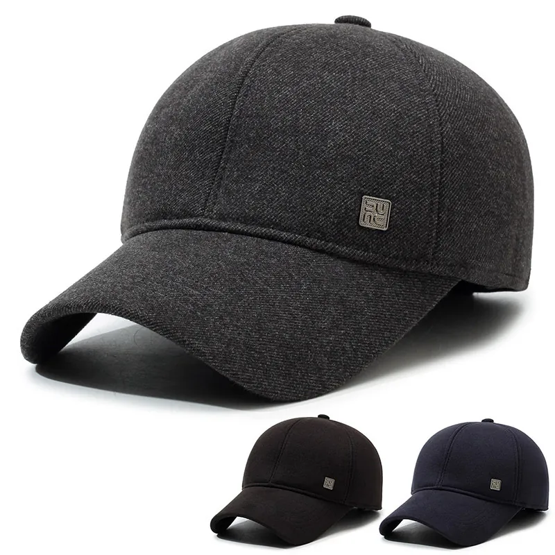 Men Winter Warm Baseball Cap With Ear Flaps Wool Felt Thick Outdoor Windproof Peaked Hat For Dad Adjustable