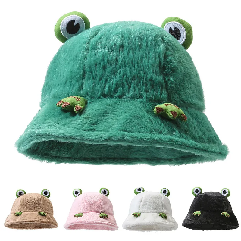 Plush Frog Bucket Hat Winter Warm Faux Fur Cute Cartoon Animal Design Outdoor Fashion