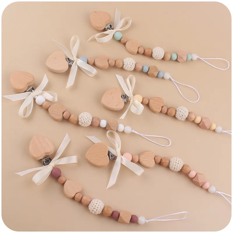 Baby Pacifier Clip Chain Silicone Beech Wood Beads Heart Teether Toy Soothing Handmade Cartoon Bracelet For Infants