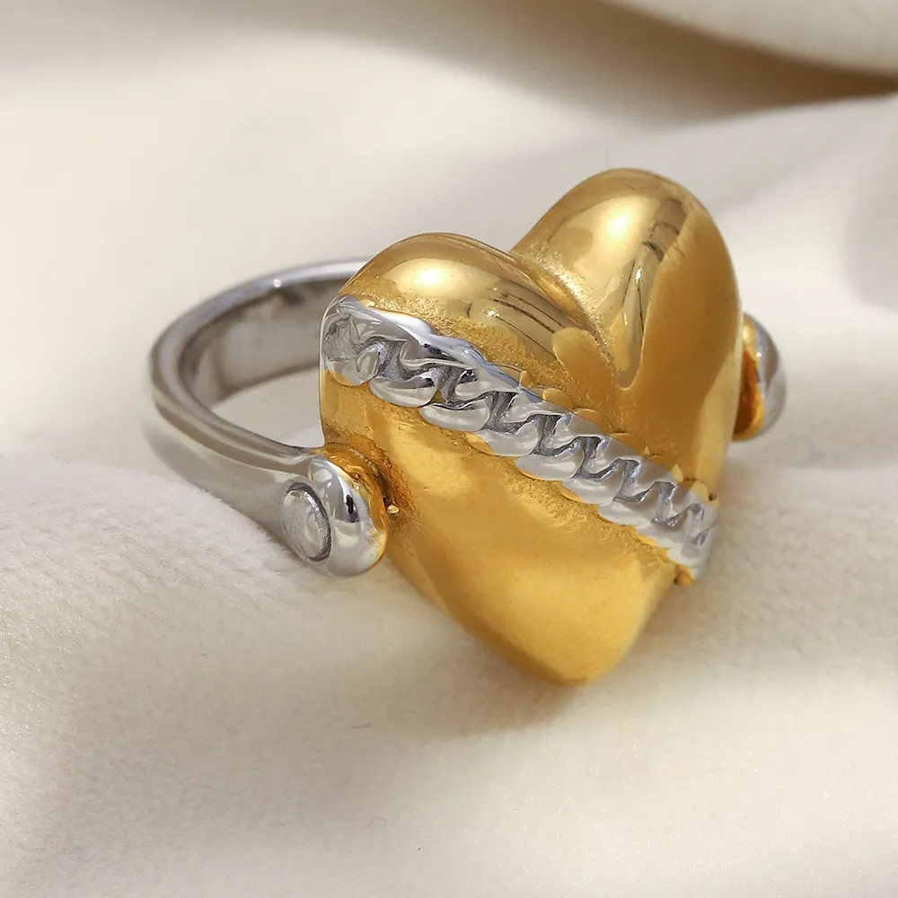 Bague Coeur Acier Inoxydable Bicolore Plaqué Or 18K Détail Chaîne Stéréoscopique 3D Bijoux Pour Femmes