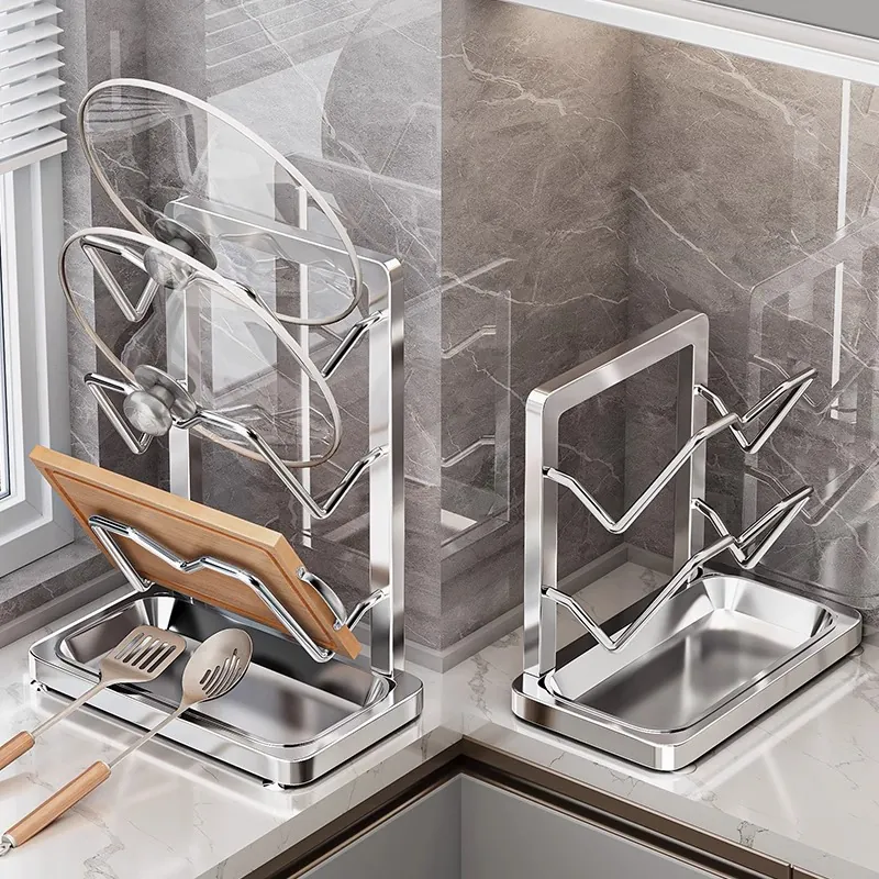 Stainless Steel Pot Lid Holder And Cutting Board Rack Multi Layer Kitchen Organizer With Removable 304 Drip Tray Suction Cups