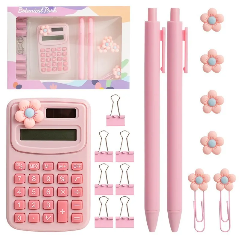 Macaron Stationery Combination With Mini Calculator Pens Metal Paper Clips Binder Clips Floral Botanical Theme Office School Desk Supplies Cute Student Gifts
