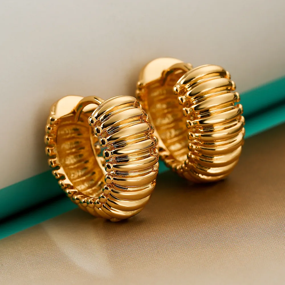 Ribbed Hoop Earrings Copper 18K Gold Plated Retro Geometric Circle Fashion For Women