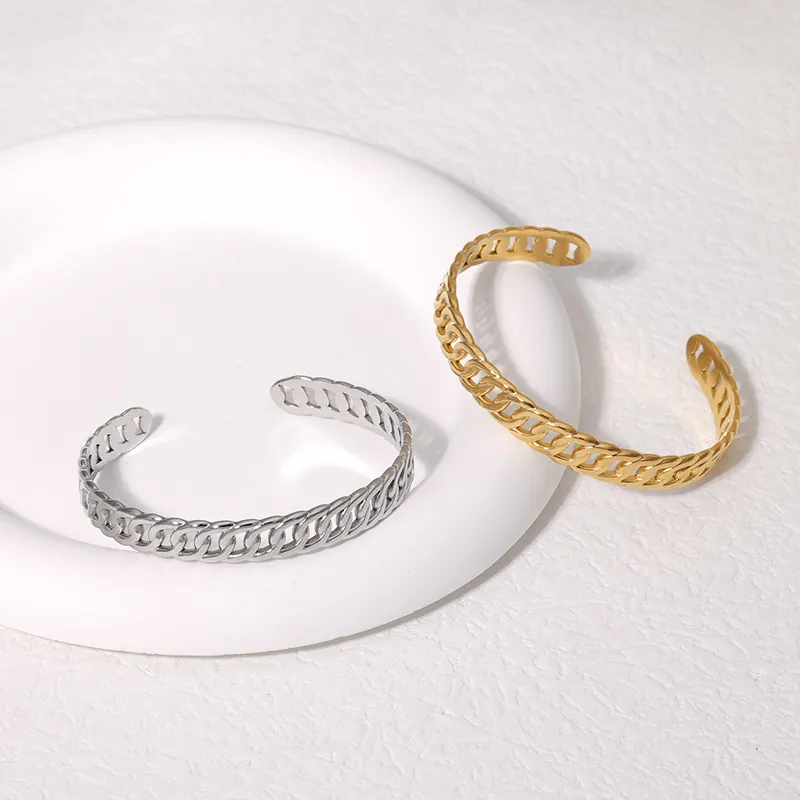Verstellbares Panzerketten Armreif 18K Vergoldet Edelstahl Einfach Offen Manschette Armband Minimalistischer Modeschmuck Damen