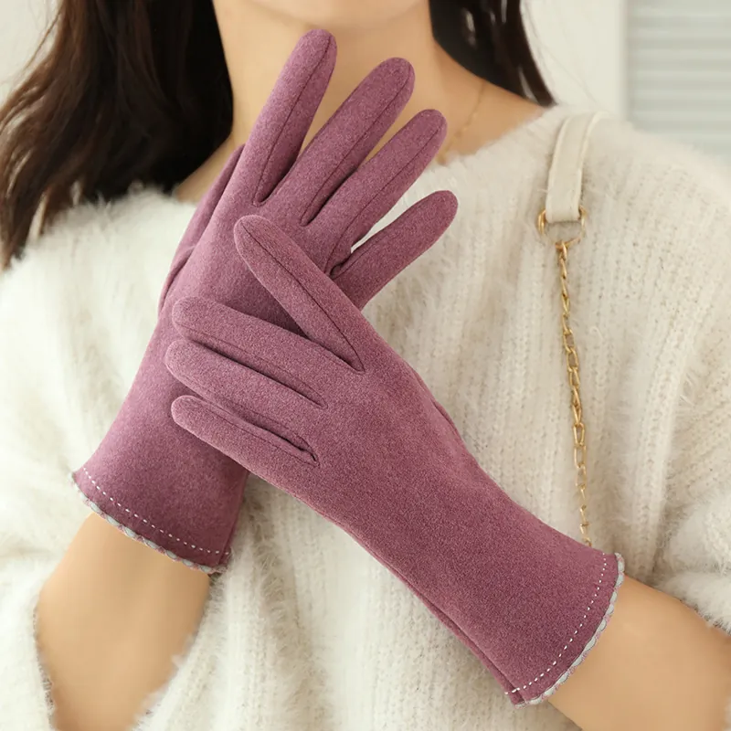 Women Winter Gloves Dralon Fleece Lined Warm Touchscreen Faux Suede Scalloped Edge Contrast Stitching Outdoor