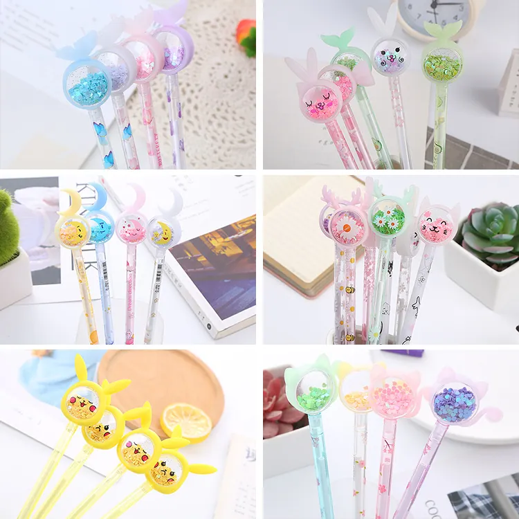 Cute Cartoon Quicksand Gel Pens Plastic Liquid Glitter Needle Tip Aesthetic Writing Pens For School Office Stationery