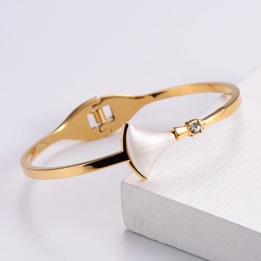 Women Bangle Bracelet 316L Stainless Steel 18K Gold Plated Fan Shaped White Shell Inlaid Zircon Elegant Jewelry Gift