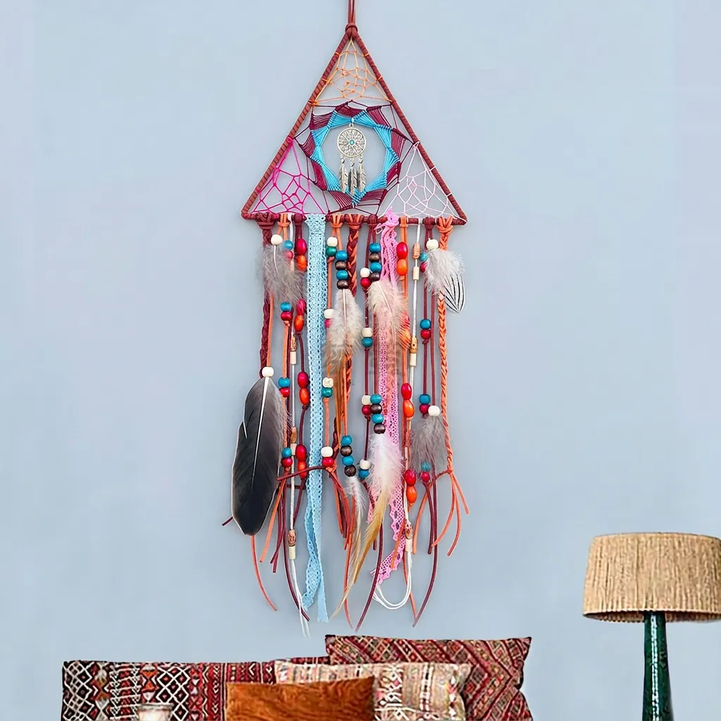 Bohemian Triangle Dreamcatcher Handmade Wall Hanging With Feathers Wood Beads Cotton Rope Lace Ethnic Tribal Decor