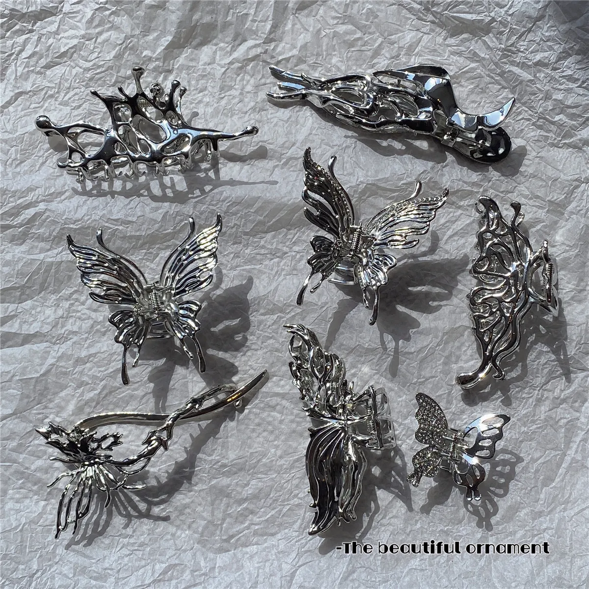 Butterfly Hair Claw Clip Liquid Metal Silver Alloy Irregular Nonslip Shark Hairpin Y2K Aesthetic Hair Accessories For Women