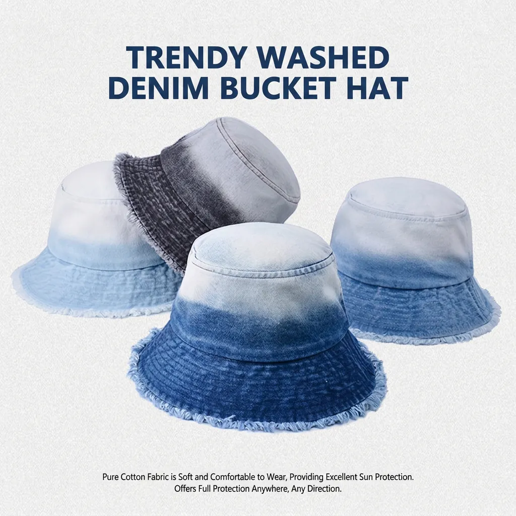 Cappello Bucket In Denim Sfumato Cotone Lavato Bordo Sfilacciato Protezione Solare Pieghevole Estate All Aperto Casual