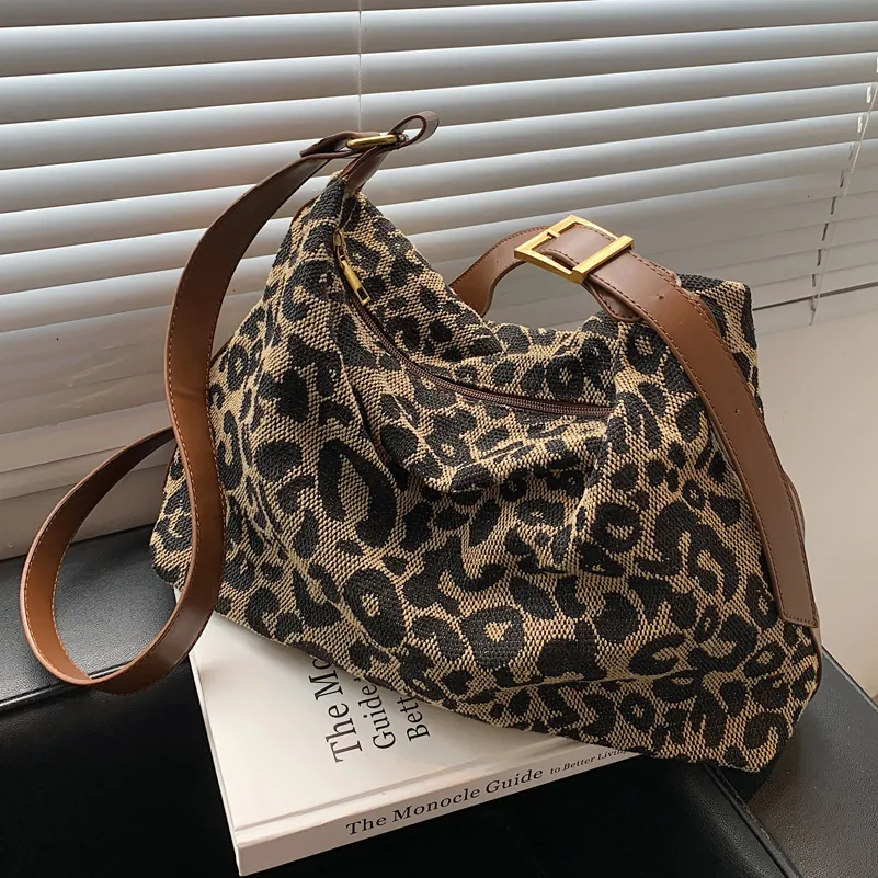Women Leopard Print Hobo Bag Large Capacity Canvas Shoulder Crossbody Handbag With Adjustable Leather Strap Casual