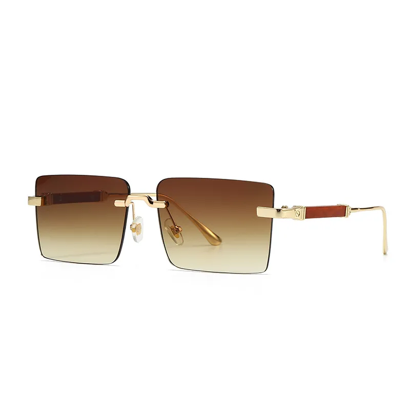 Retro Quadratisch Rahmenlos Sonnenbrille Für Damen Herren Metallrahmen Holzmaserung Bügel UV400 Verlaufslinse Mode Brillen