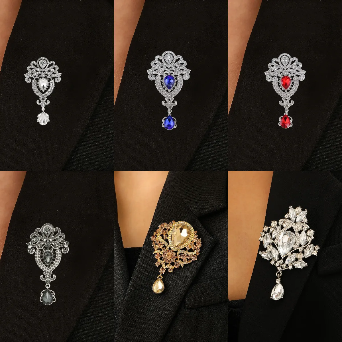 Retro Palace Style Crystal Brooch Alloy Rhinestone Teardrop Pendant Pin For Women Wedding Banquet Coat Dress Decoration Elegant