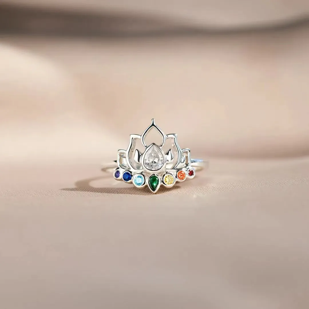 S925 Sterlingsilber Lotus Wiedergeburt Ring Für Damen Bunter Birnenförmiger Zirkonia Regenbogen Chakra Mode Schmuck Fingerring