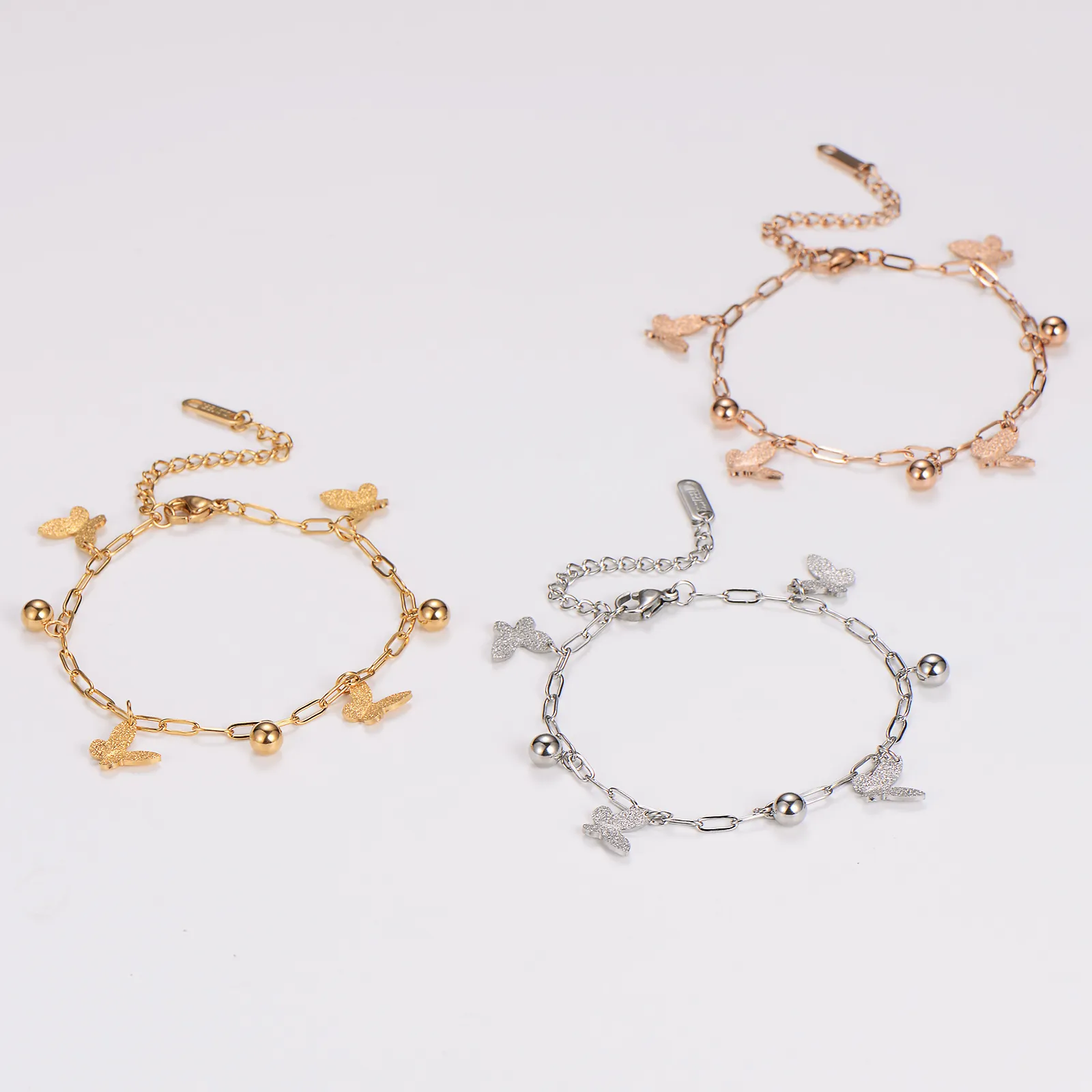 Butterfly Charm Bracelet Stainless Steel Frosted Butterfly And Round Beads Minimalist Fashion Jewelry For Women