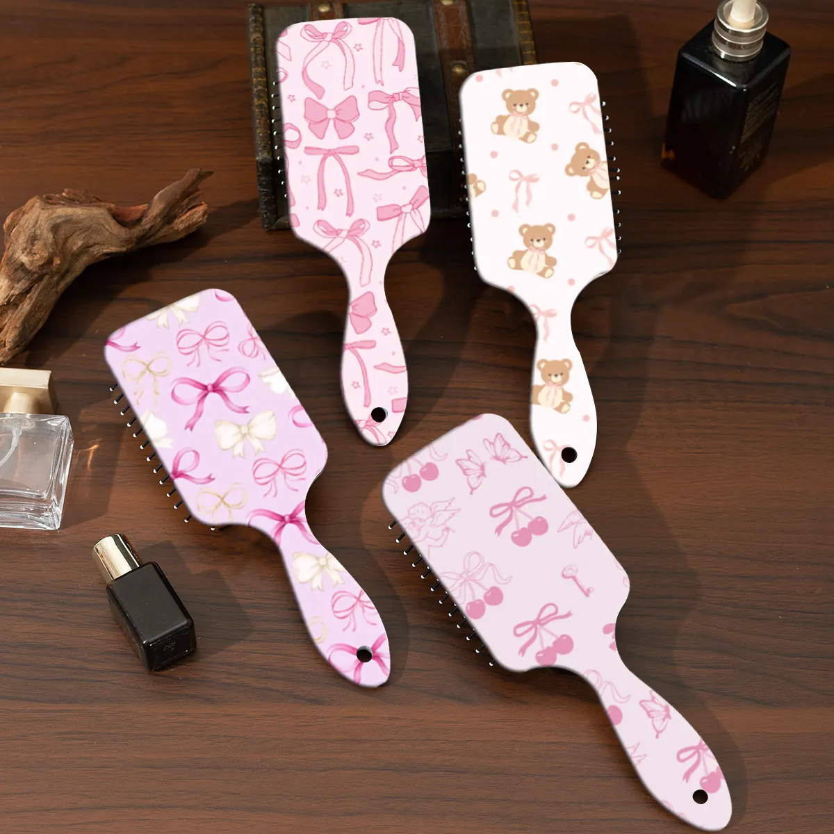 Pettine Per Capelli A Cuscino D'Aria Cartone Animato Orsetto Fiocco Spazzola Massaggio Districante Strumento Per Capelli Portatile Plastica