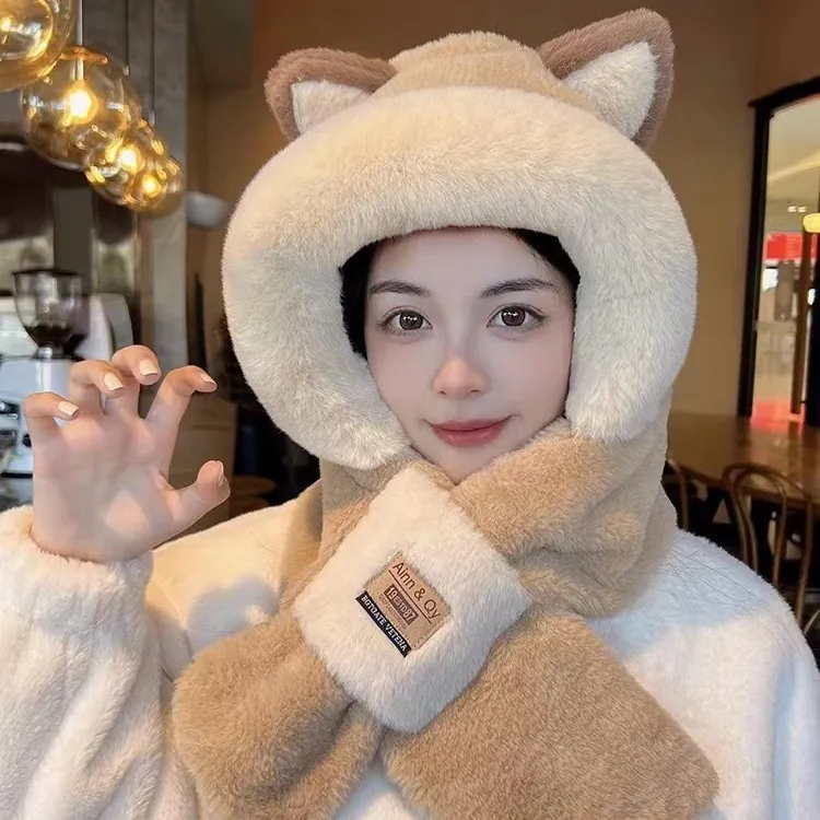 Korean Style Hooded Scarf And Hat Integrated Cashmere Thickened Plush Winter Warm Headwear For Women Cute Bear Ears Design