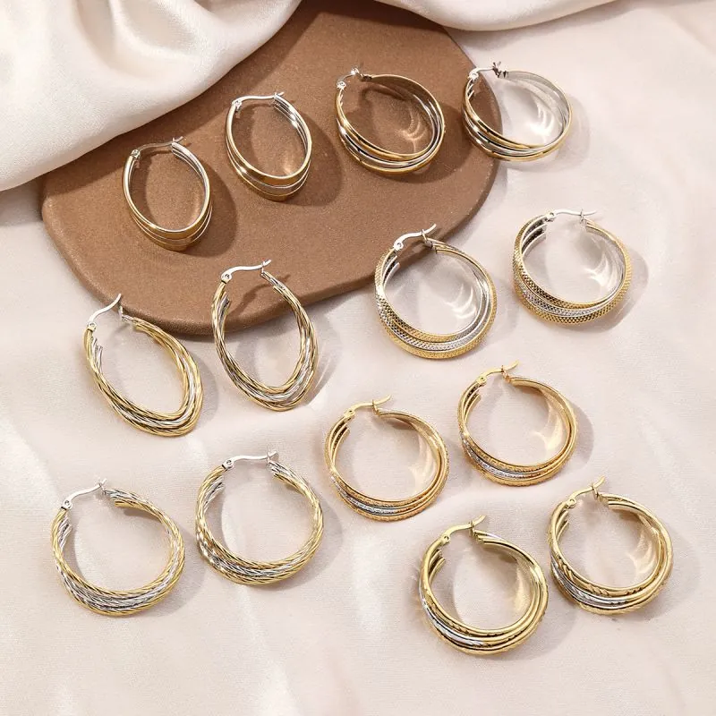 304 Stainless Steel Hoop Earrings Multi Layered Two Tone Geometric Minimalist Textured For Women Elegant Jewelry