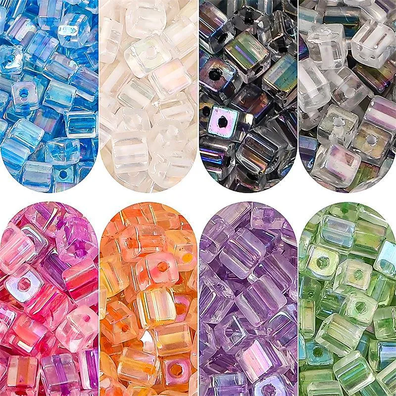 Square Glass Beads Iridescent Transparent Cube Loose Spacer Beads For DIY Jewelry Making Bracelet Necklace Craft Supplies