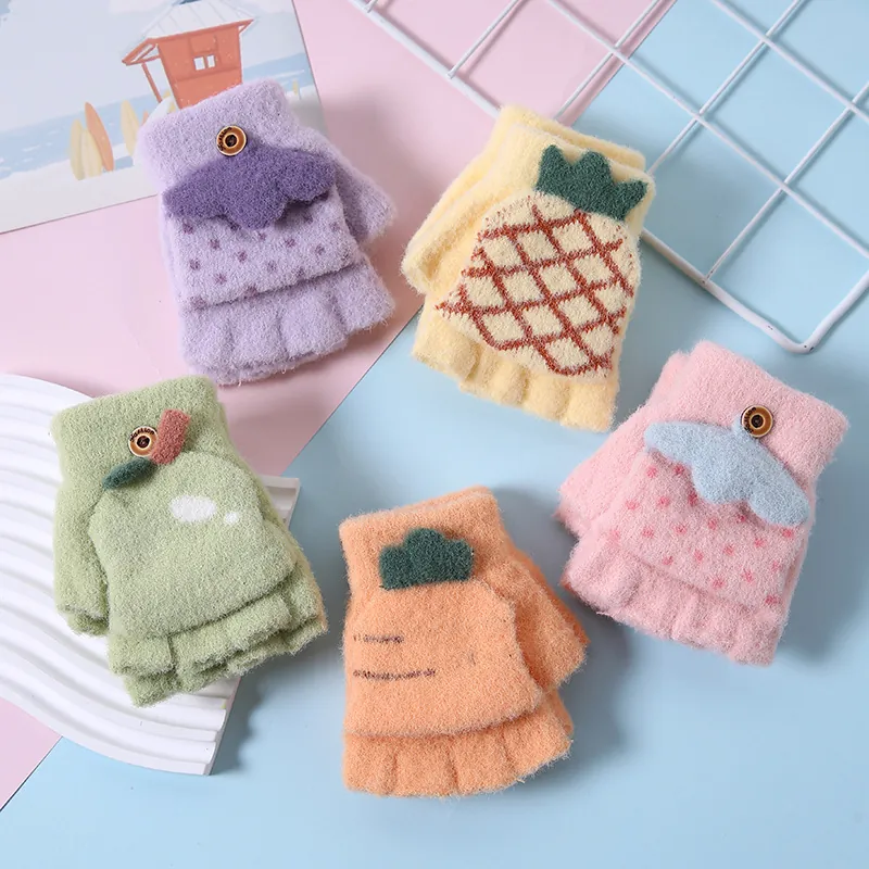 Cute Cartoon Kids Convertible Knitted Gloves Winter Warm Thick Plush Half Finger Flip Top Mittens Boys Girls Daily Wear