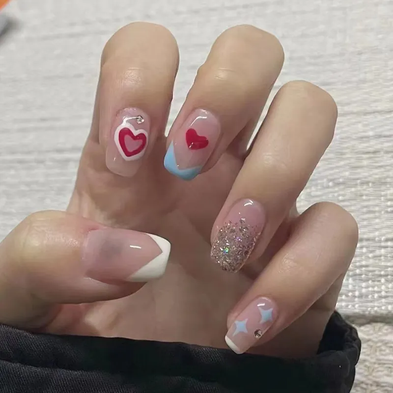 French Press On Nails With Red Heart Patterns Glitter Starburst Rhinestone Decor Artificial Fake Nails For Women