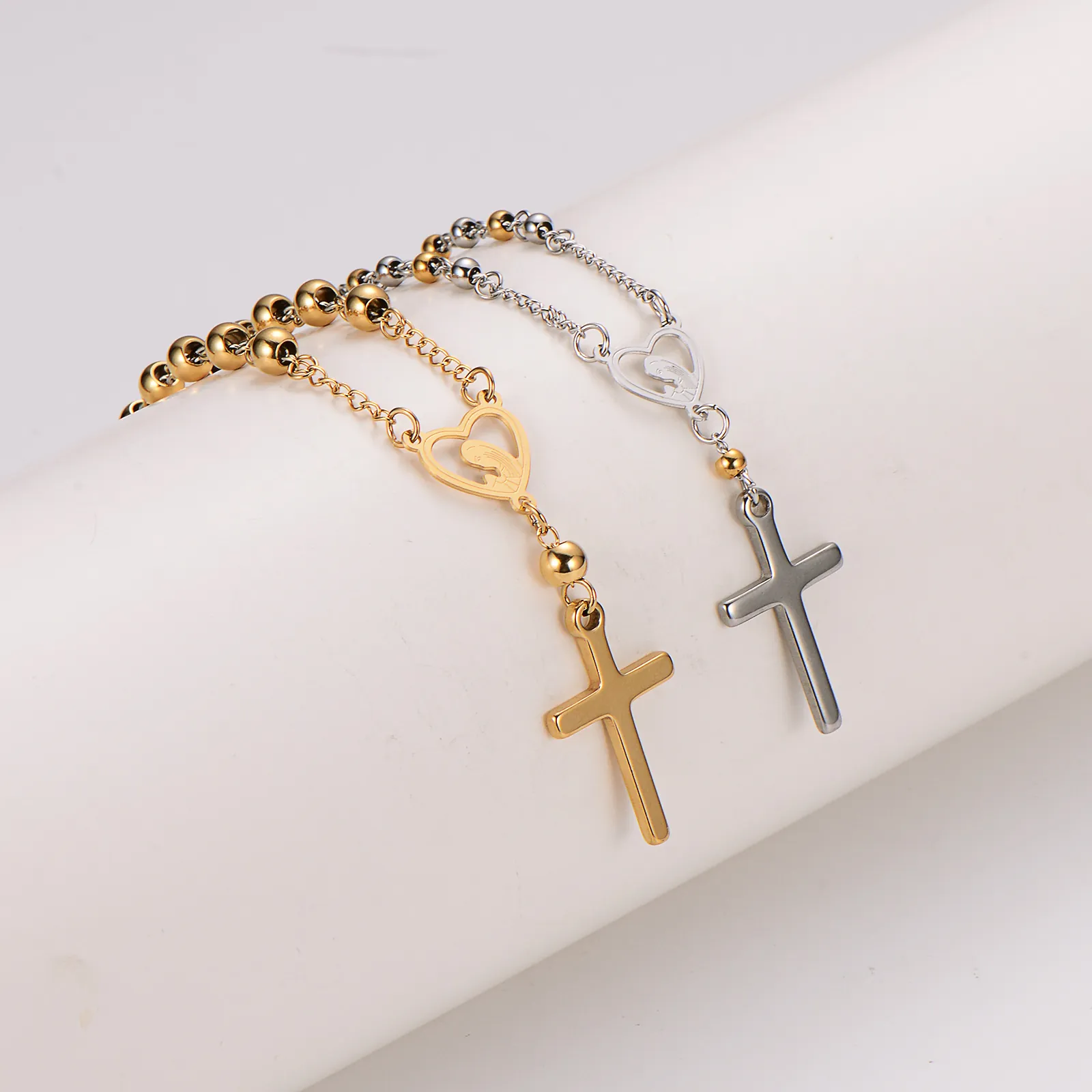 304 Stainless Steel Bracelet Heart Virgin Mary Medal Cross Pendant Bead Chain Religious Hip Hop Jewelry For Men Women