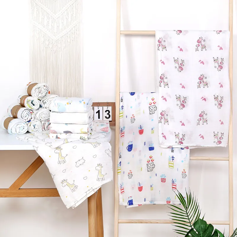 Baby Muslin Pucktuch Weiche Bambus Baumwolle Mull Atmet Cartoon Druck Mehrzweck Neugeborene Wickel Säugling Badetuch