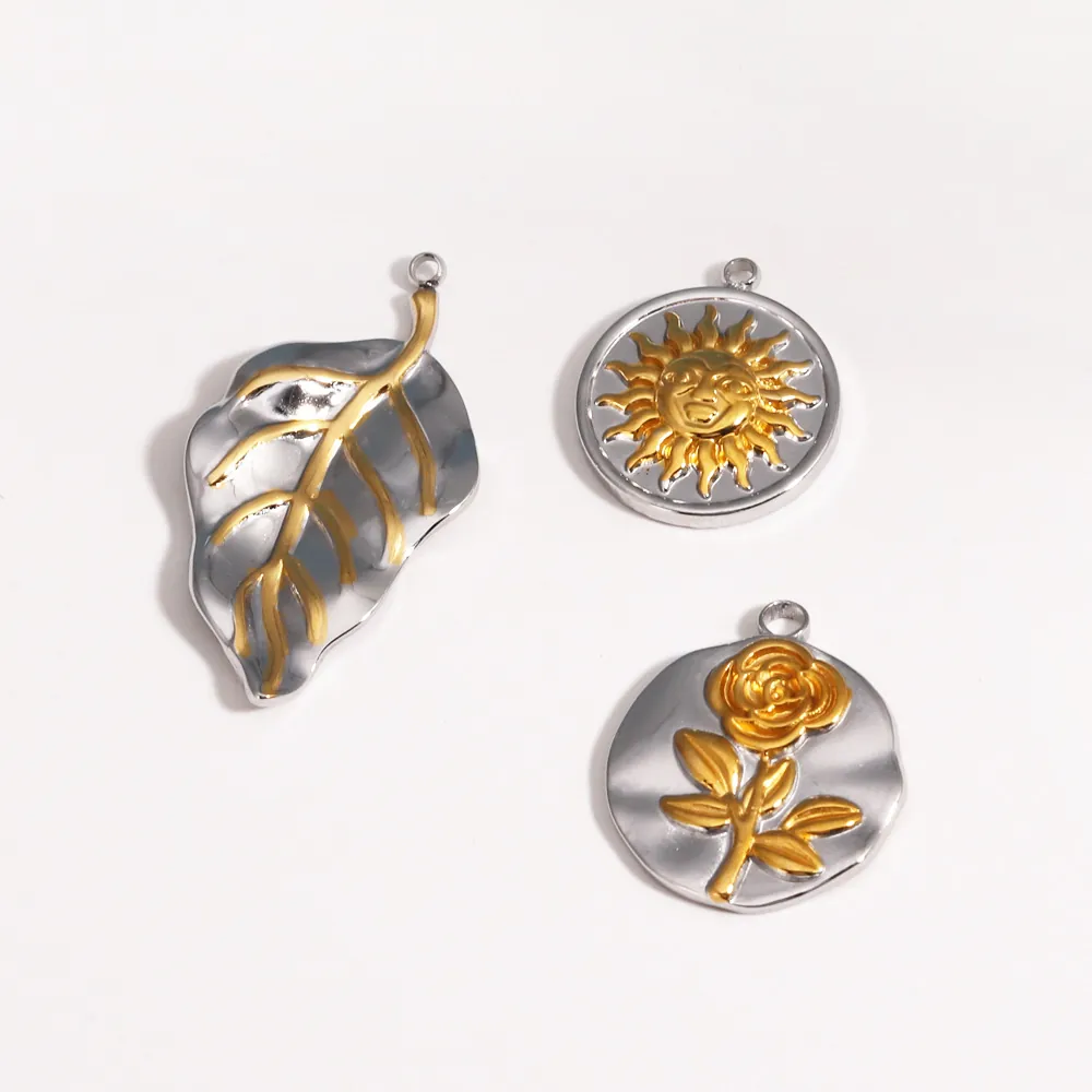 Pendentifs En Acier Inoxydable Charms Bicolore Or Argent Rose Feuille Soleil Fleur Vintage DIY Fabrication Bijoux
