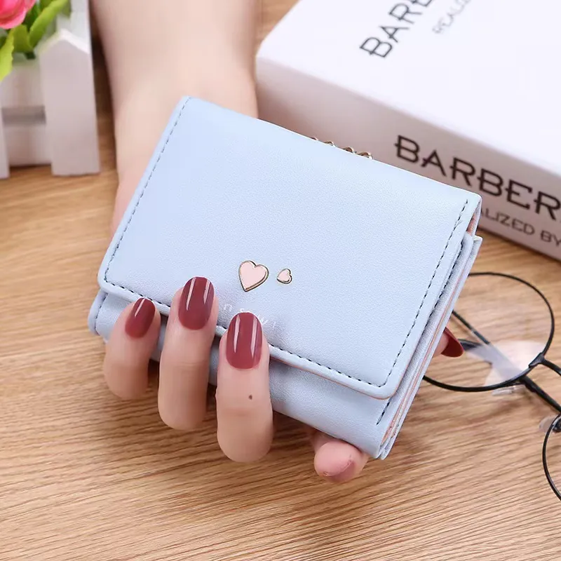 Women Small Wallet Tri-fold Heart Buckle PU Leather Multi Card Slots Coin Purse Compact Fashion