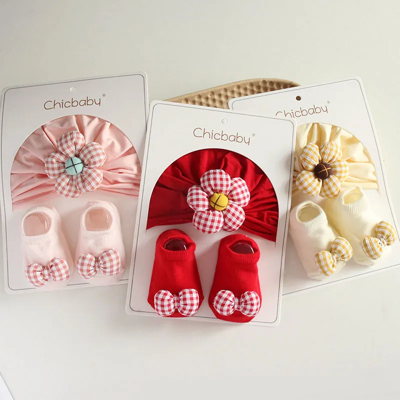 Soft Cotton Baby Turban Hat And Socks Set For Infant Girls Plaid Bow Floral Newborn Beanie Hat Socks Kit Sweet Gift