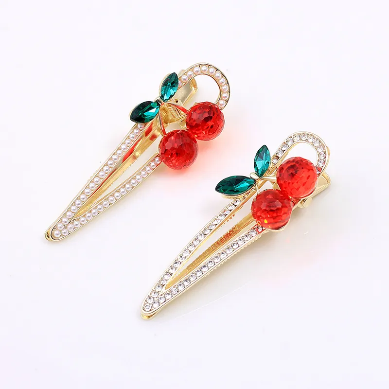 Cherry Hair Clip Alloy Rhinestone Faux Artificial Pearl Duckbill Clip Sweet Korean Style Side Bangs Barrette For Women Girls
