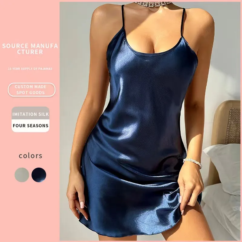 Women Sexy Spaghetti Strap Nightgown Imitation Satin Satin Backless V Neck Sleepwear Dress Smooth Breathable Home Wear