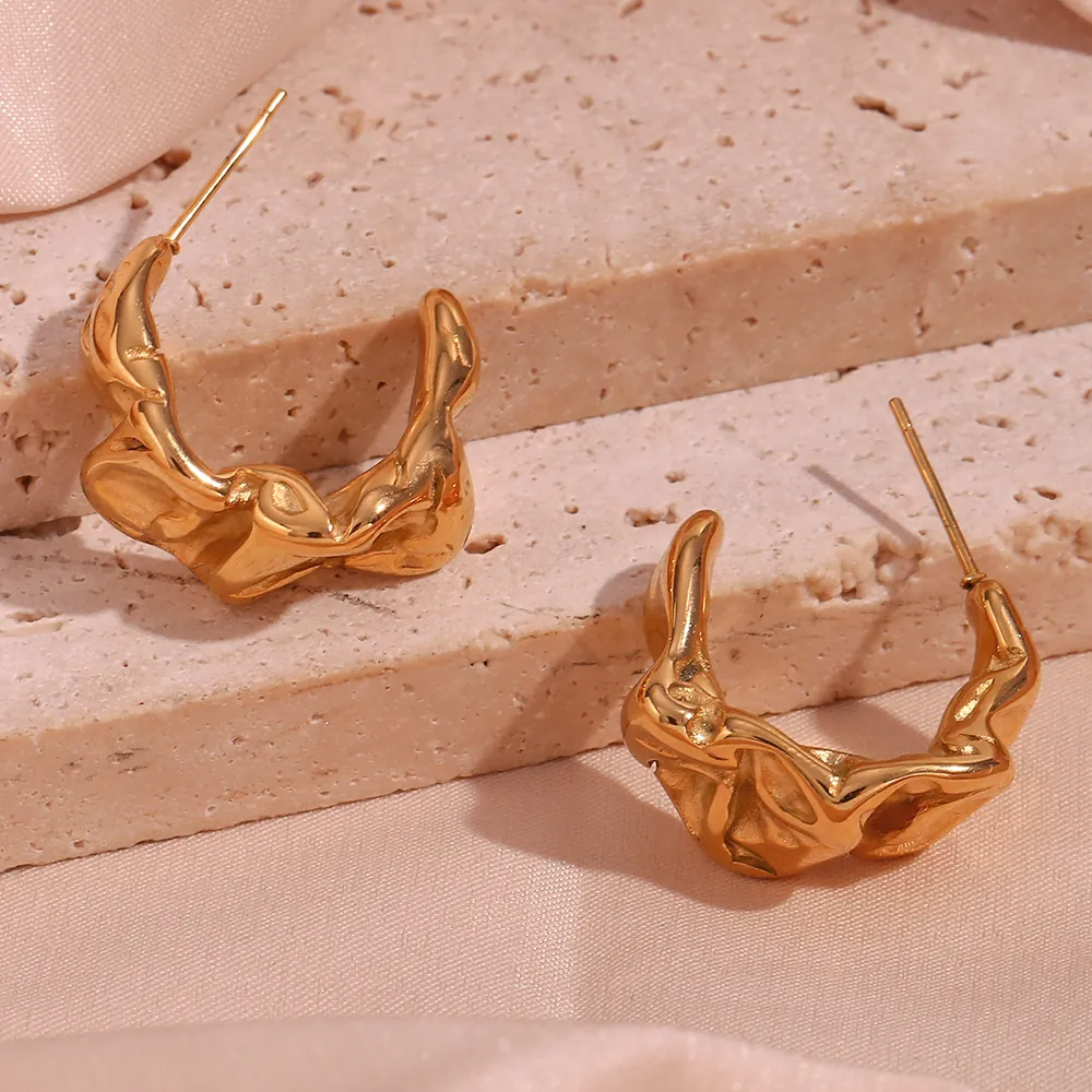 French Minimalist Stainless Steel Moon Shape Irregular Folded Stud Earrings 18K Gold Plated Lava Texture Fashion Jewelry For Women