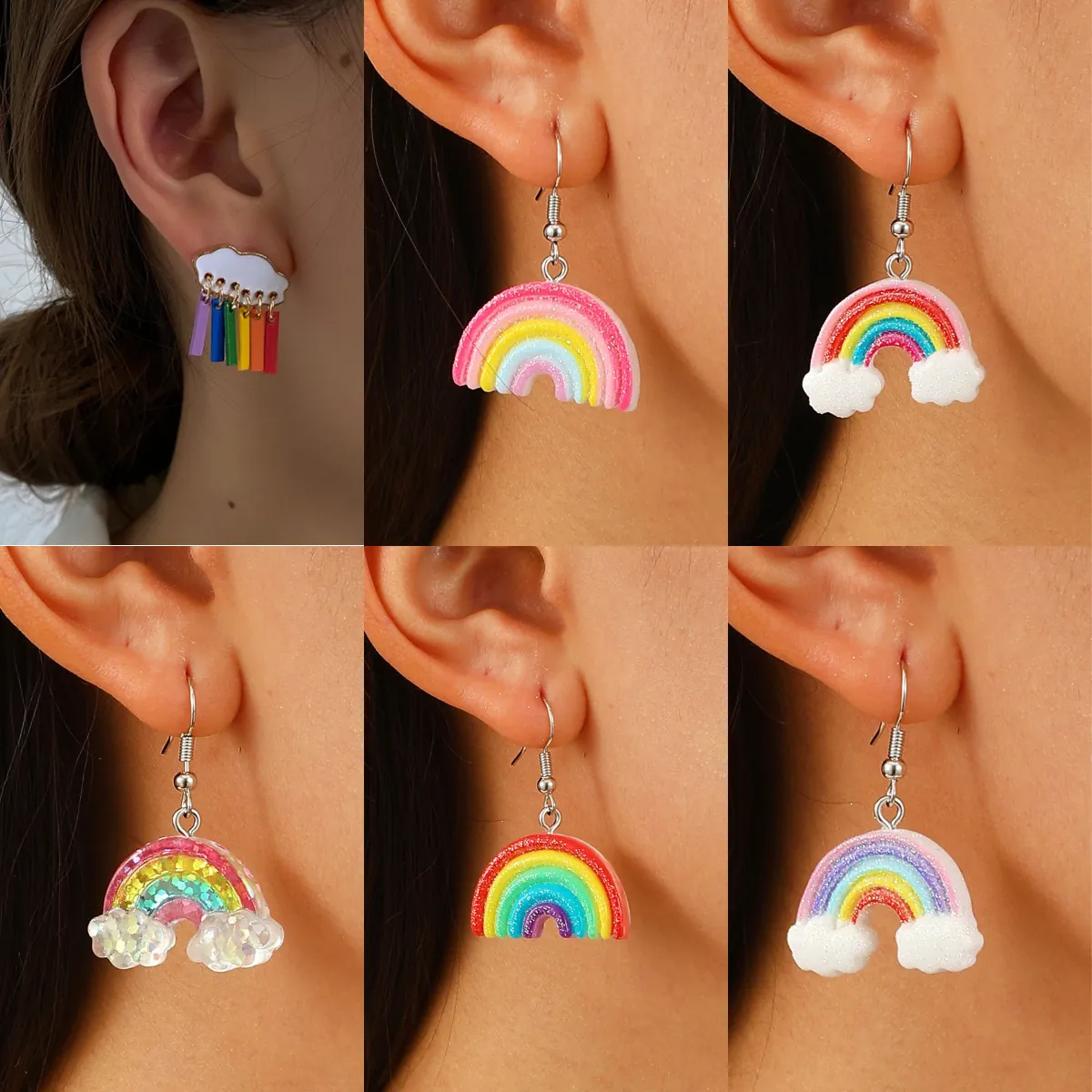Pendientes de Gota de Nube y Arco Iris Coreanos para Mujer Chapados en Oro de Aleación con Diamantes de Imitación y Borlas